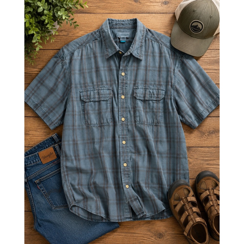 Magellan Outdoors Mens XL Shirt Blue Plaid Short Sleeve Cotton Fishing Button Up